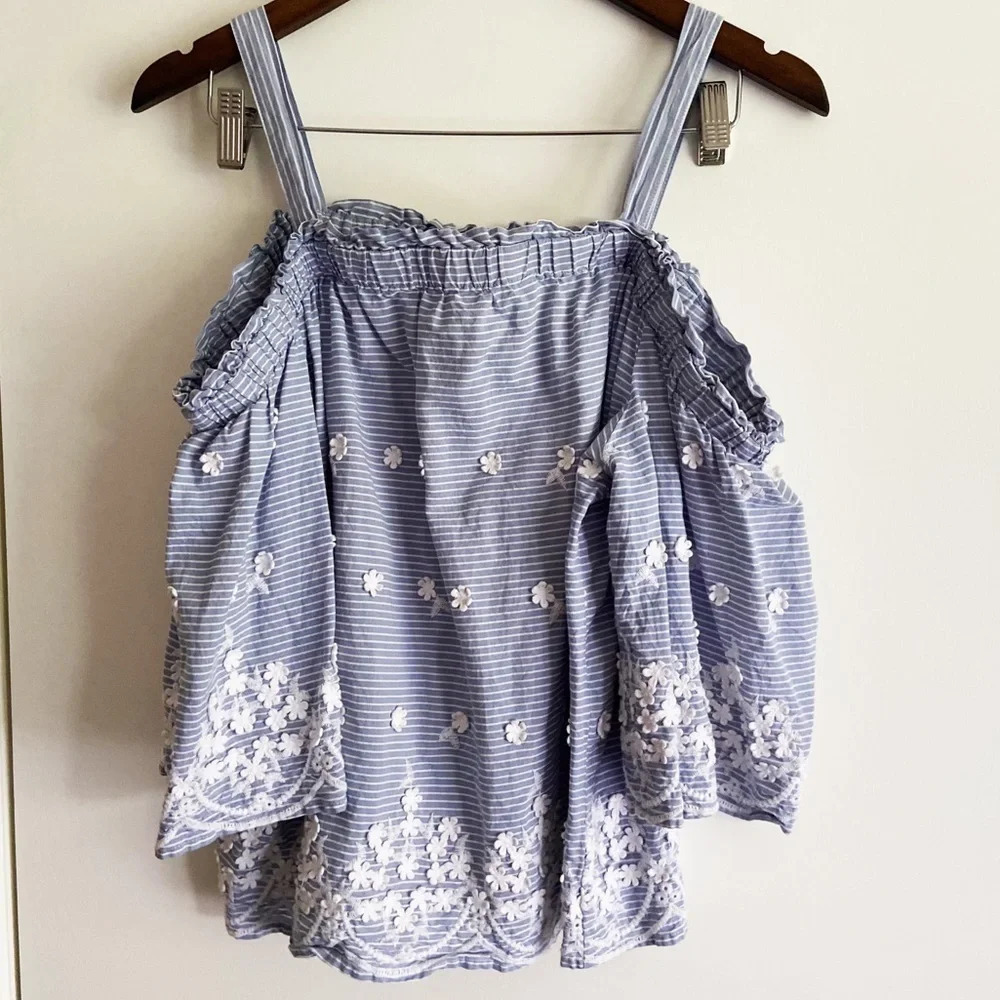 Off The Shoulder 100% Cotton Floral Lace Stripe Ruffle Top Size Large